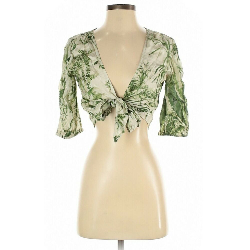 HEMANT & NANDITA botanical palm print tie front crop top blouse green cream XS